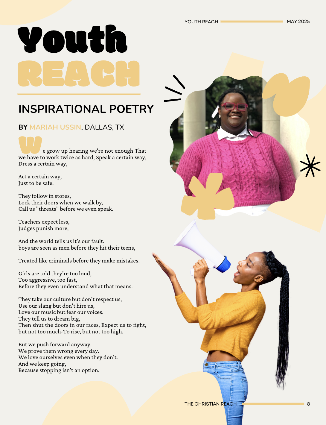The Christian Reach magazine Youth Reach editorial spread layout.