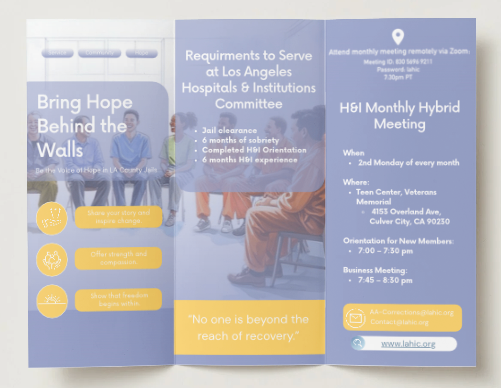 H&I trifold brochure fully opened showing all six panels with program details and imagery.