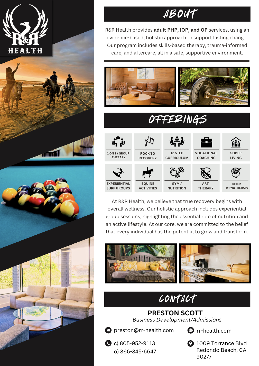 R&R Health program one-pager sales sheet with offerings, photography, and contact details.