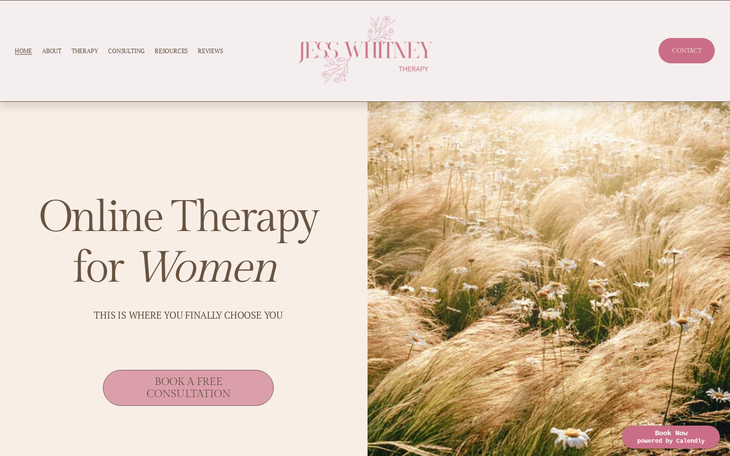 Jess Whitney Therapy website homepage screenshot showing brand design and layout.